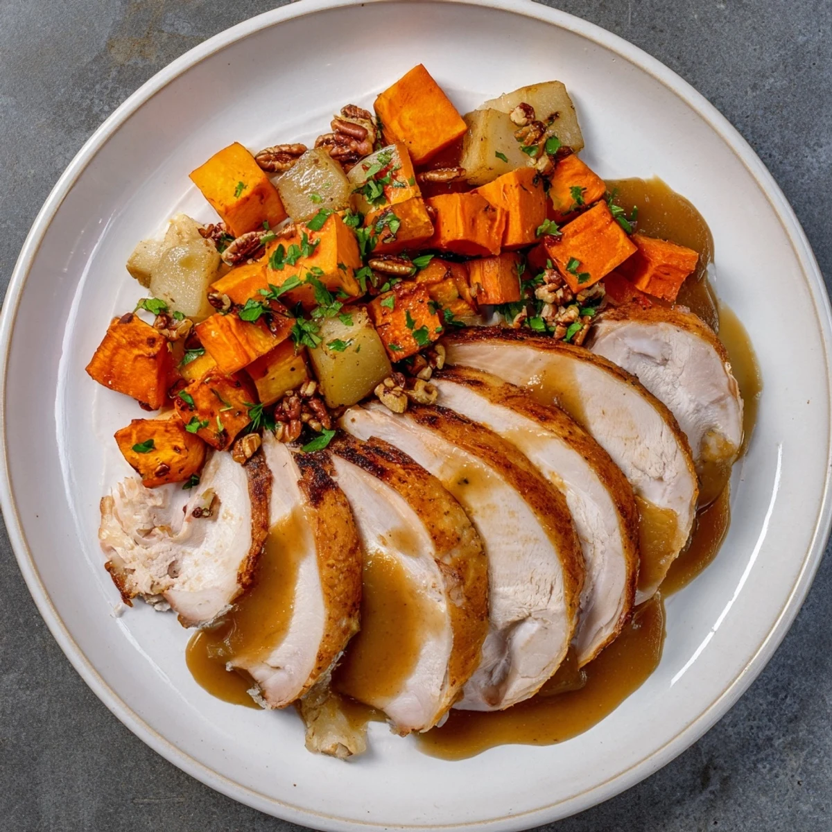 Slices of Mayflower turkey and vibrant roasted vegetables create a festive Thanksgiving chain.