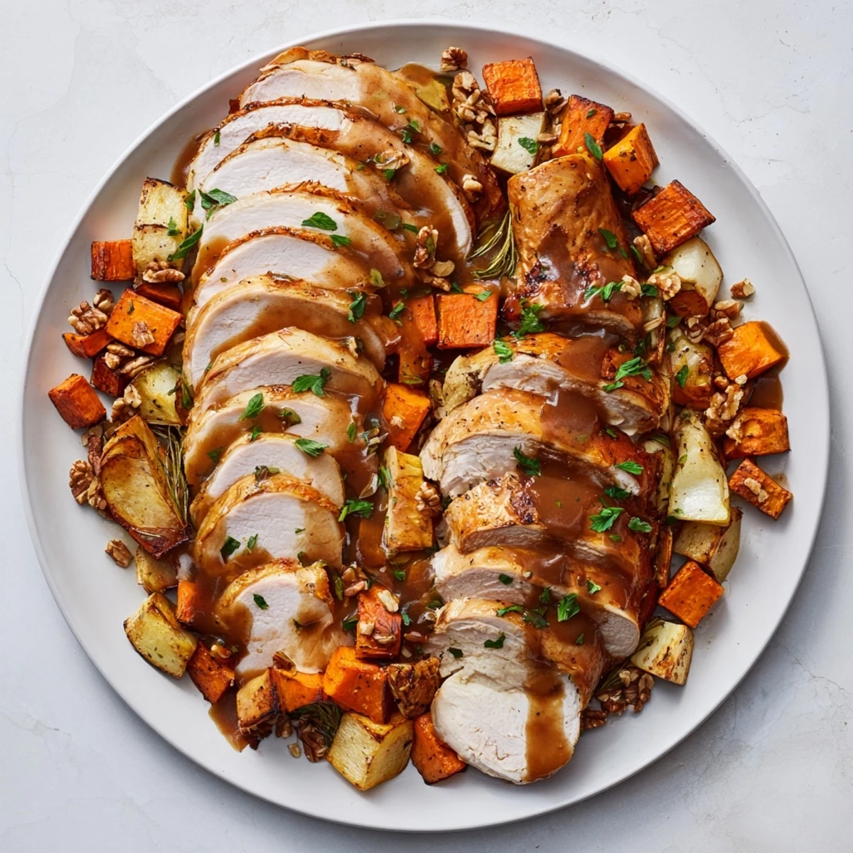 A visually stunning platter of Mayflower main dish features linking turkey and roasted root vegetables.
