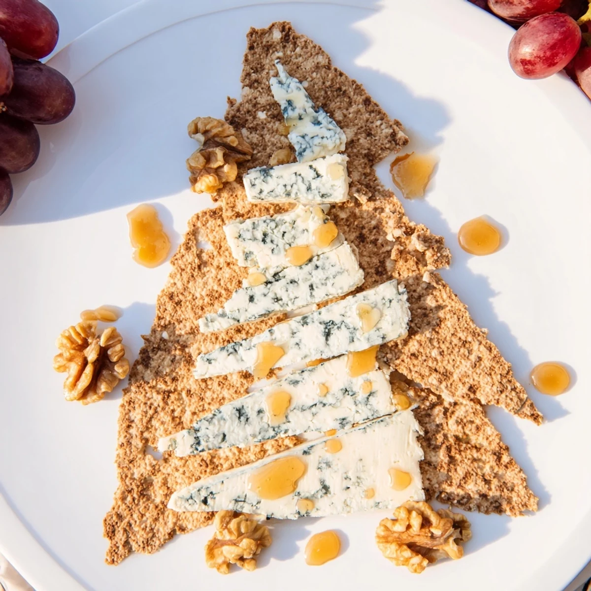 Artfully arranged The Blue Ridge Mountains cheese platter with a honey drizzle and grapes for serving.