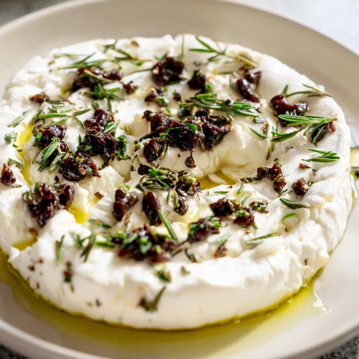 Elegant Victorian Cameo appetizer: creamy goat cheese ovals topped with striking black olive tapenade silhouettes, ready to serve.