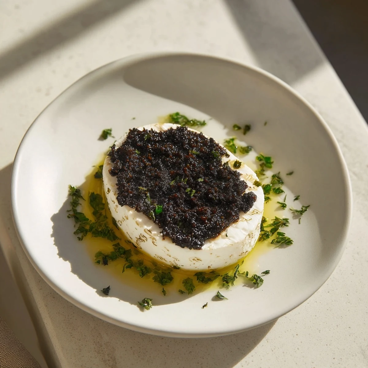 Savory The Victorian Cameo appetizer displays a dark olive tapenade cameo atop a swirl of fresh, white creamy cheese.
