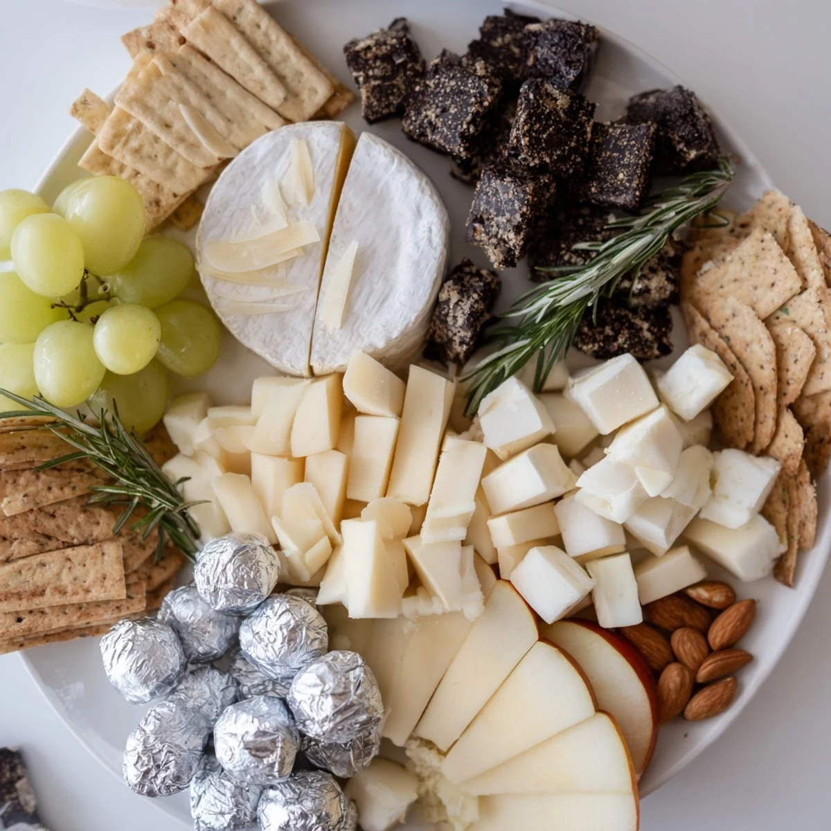 Elegant Silver Screen cheese board featuring creamy, truffle-infused cheeses and shimmering silver chocolates.