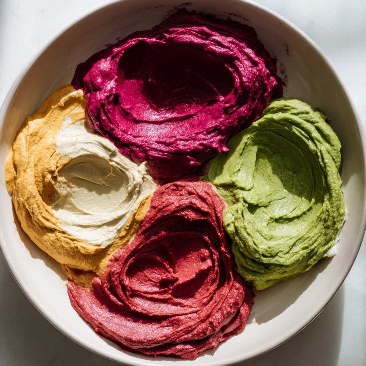 A visually appealing Marble Swirl, presenting various dips swirled and surrounded by artfully arranged crackers.