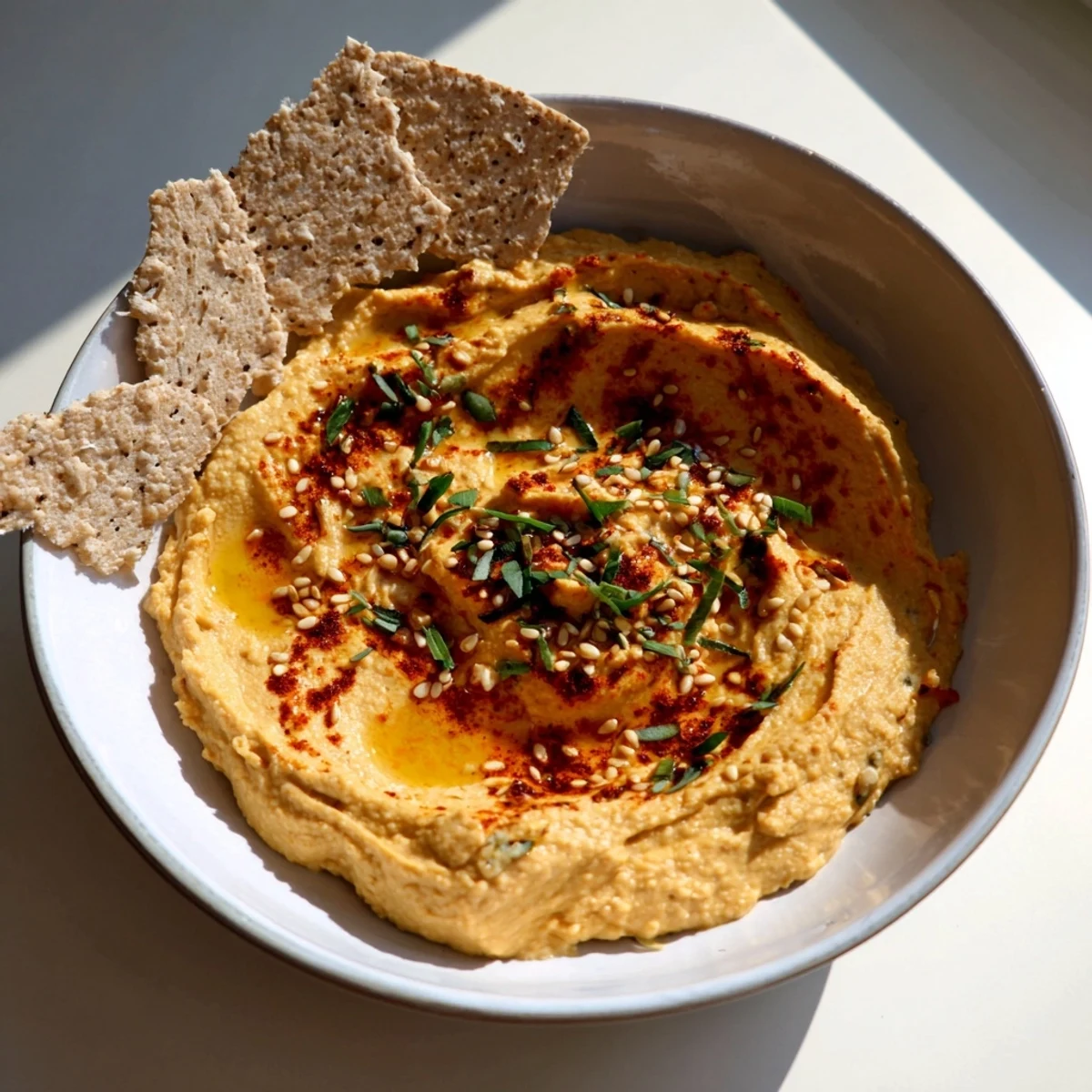 Appetizing Sandstone Canyon appetizer: a layered arrangement of hummus and crackers with vibrant toppings.