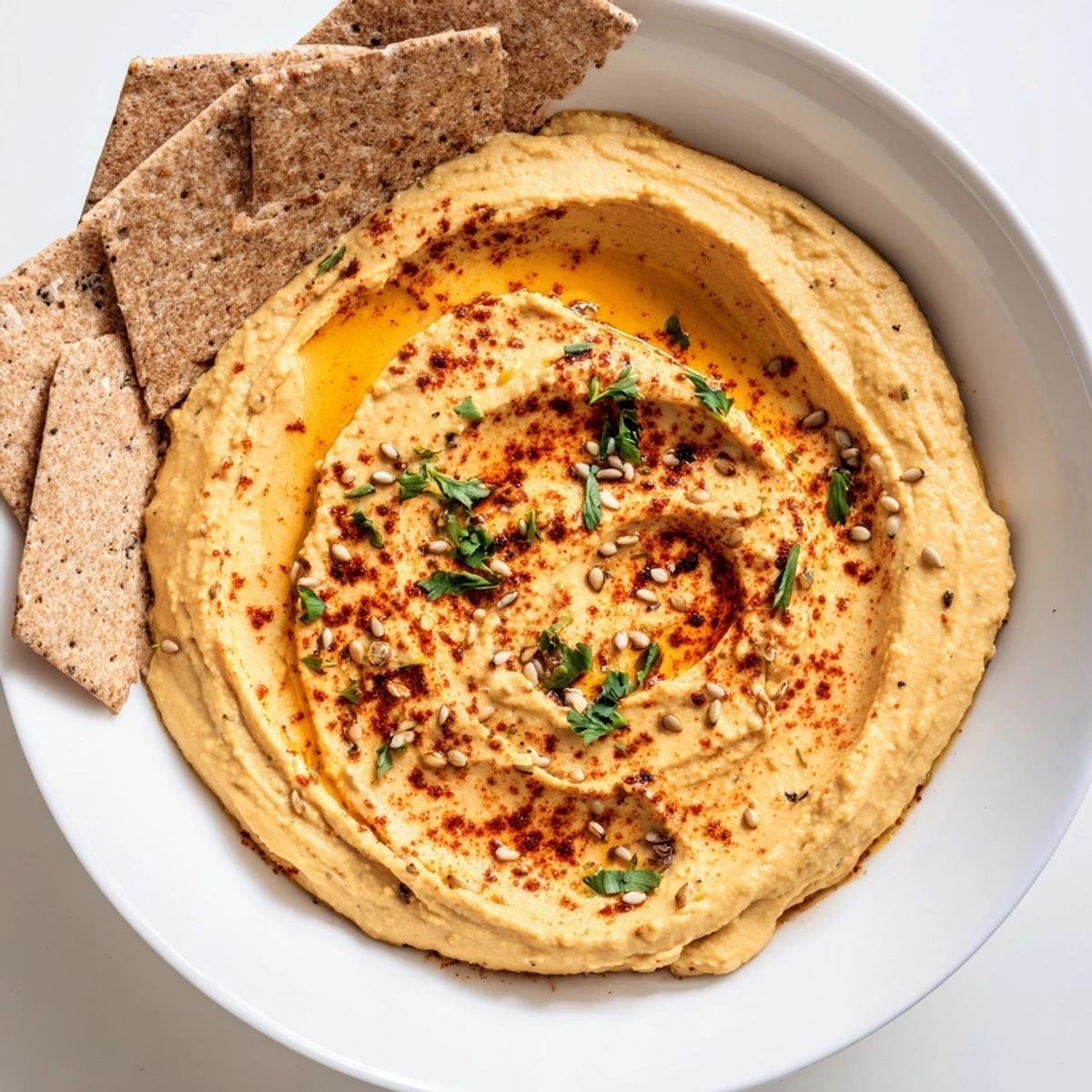 Beautifully textured Sandstone Canyon starter, showcasing the wavy layers of delicious hummus and crisp crackers.