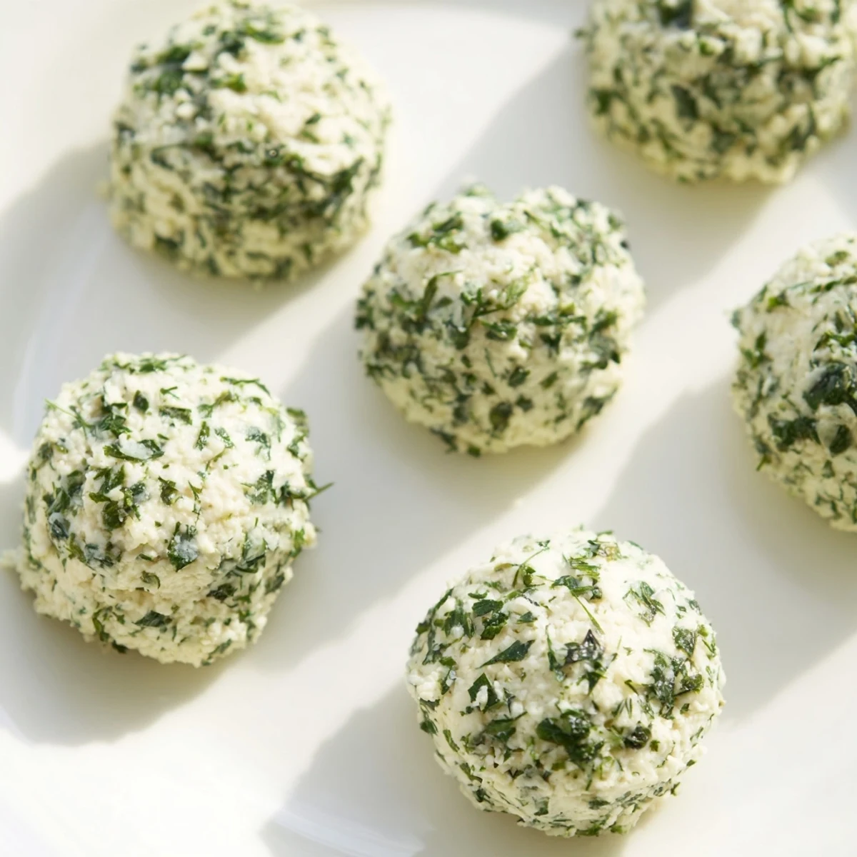 Creamy goat cheese "Mossy Stone" appetizers, rolled in fresh herbs, ready for a cheese platter.