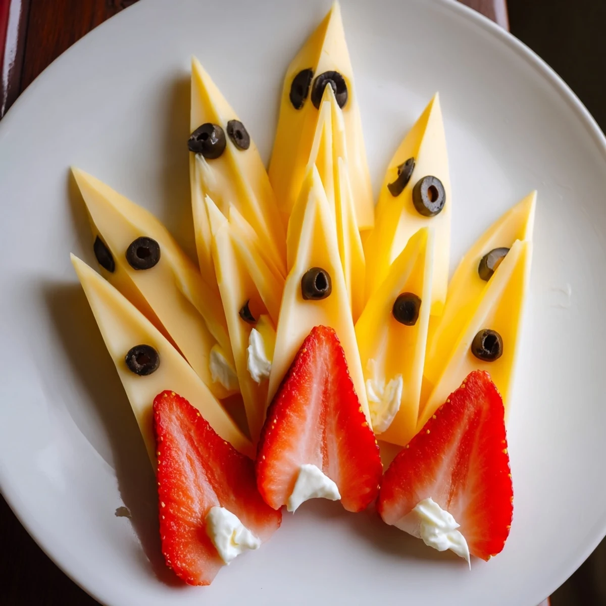 The Retro Rocket snack platter features cheddar cheese rocket with strawberry flames and olives as windows.