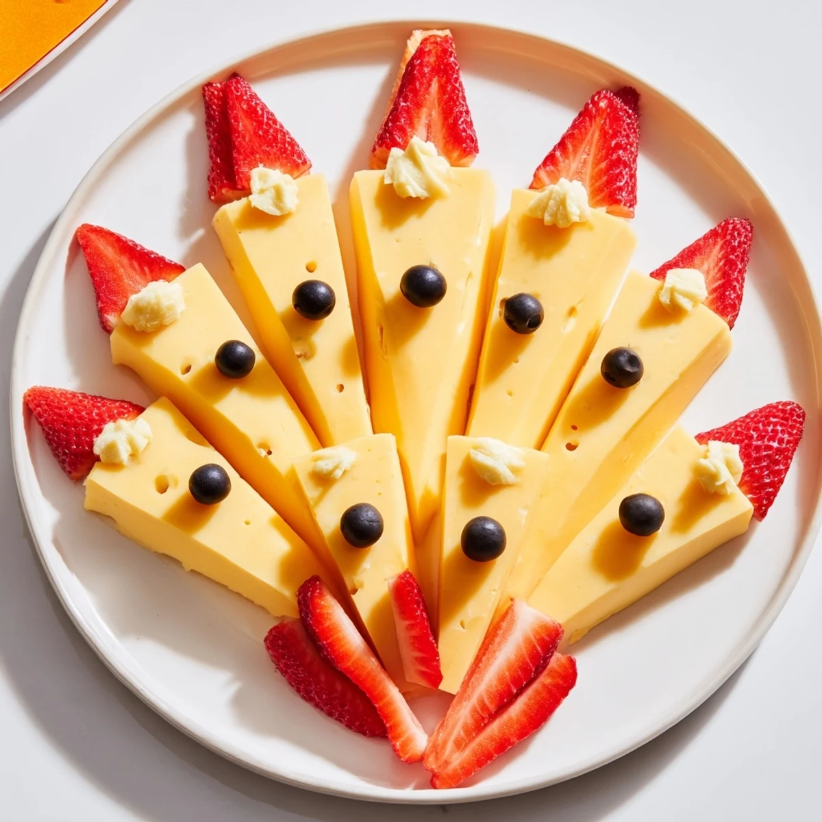 Vibrant strawberry flames emanate from this delicious Retro Rocket cheese and fruit snack arrangement.