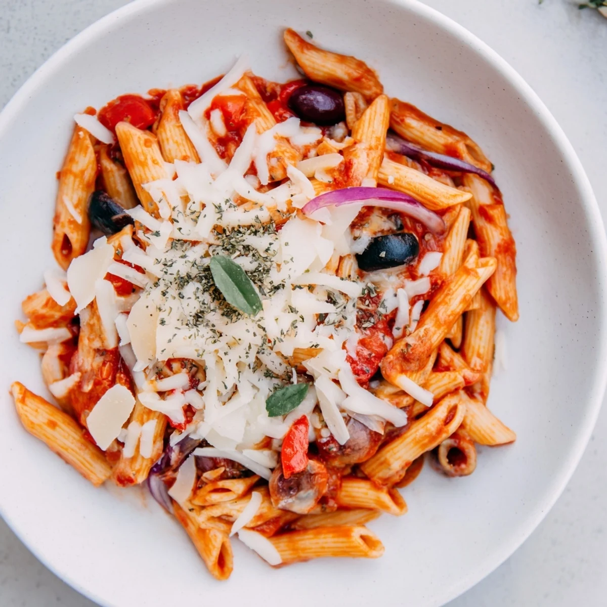 One-Pot Pizza Pasta Express bubbling with melted mozzarella and fresh, colorful vegetables.