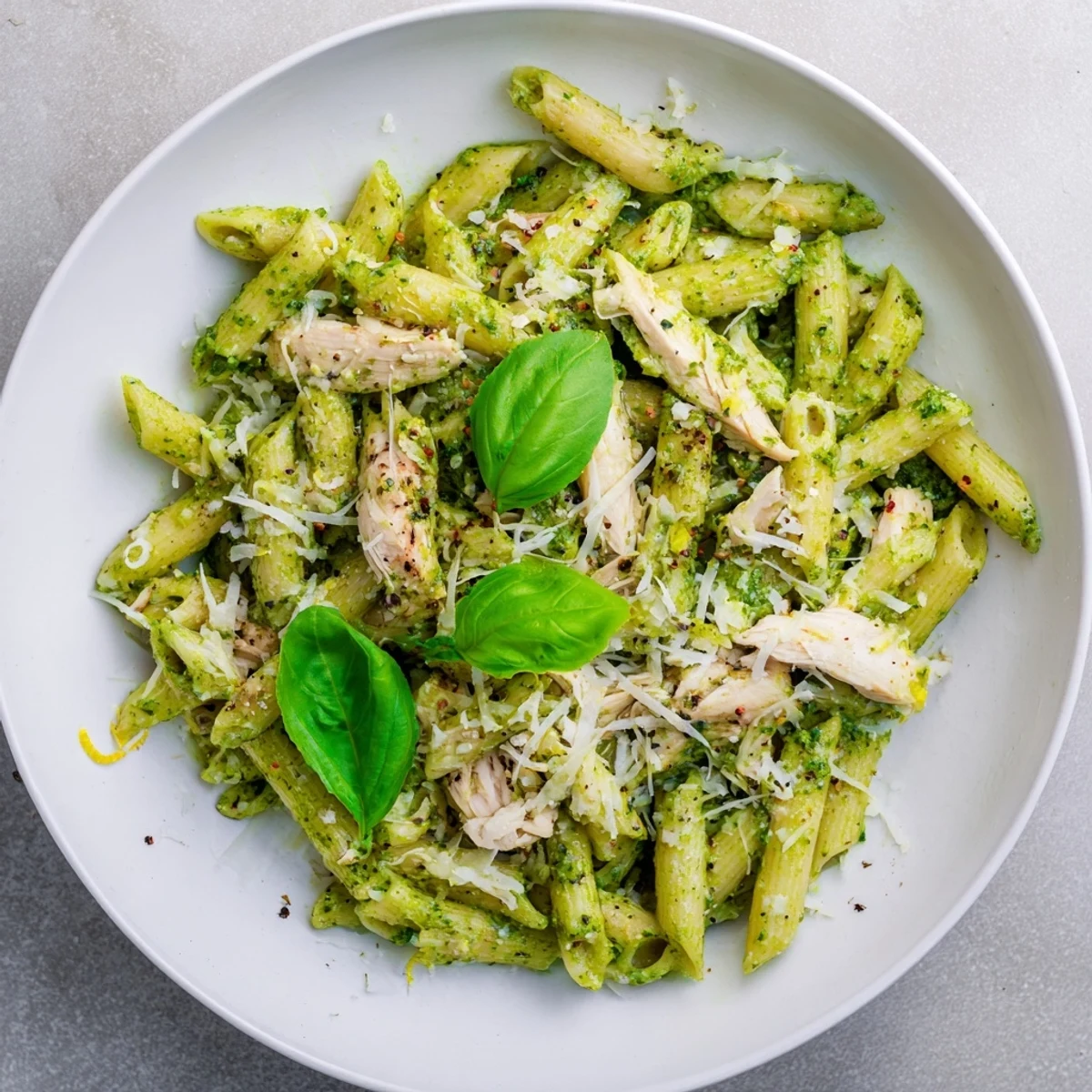 Steaming bowl of 10-Minute Pesto Pasta with Chicken, garnished with fresh basil and Parmesan cheese.