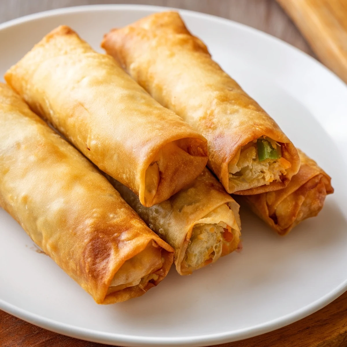 Close-up photo of freshly air-fried chicken lumpia bites, showing juicy filling within the crispy wrappers.