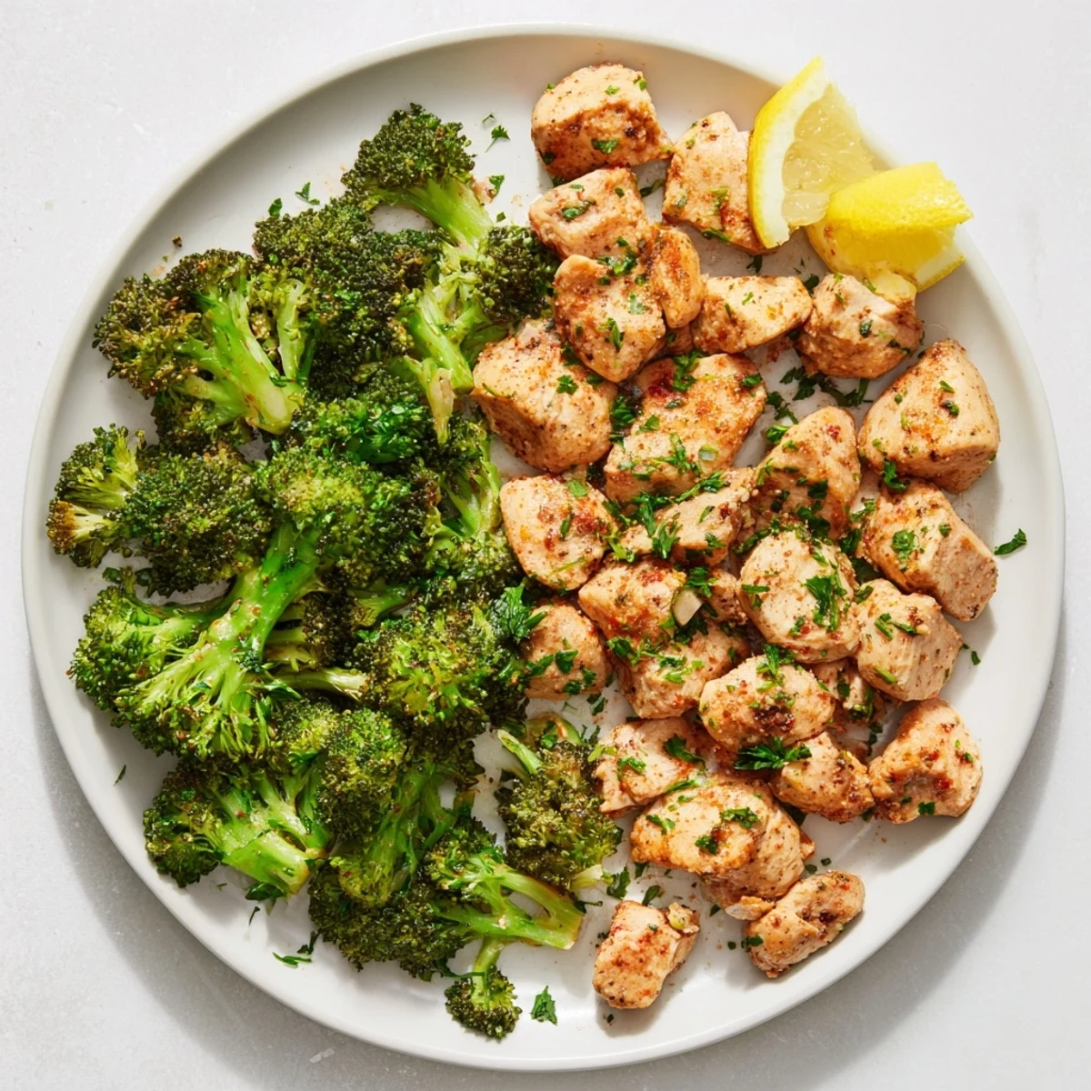 Tender Microwave-Steamed Chicken and Broccoli, a healthy lunch, ready in minutes with fresh parsley.