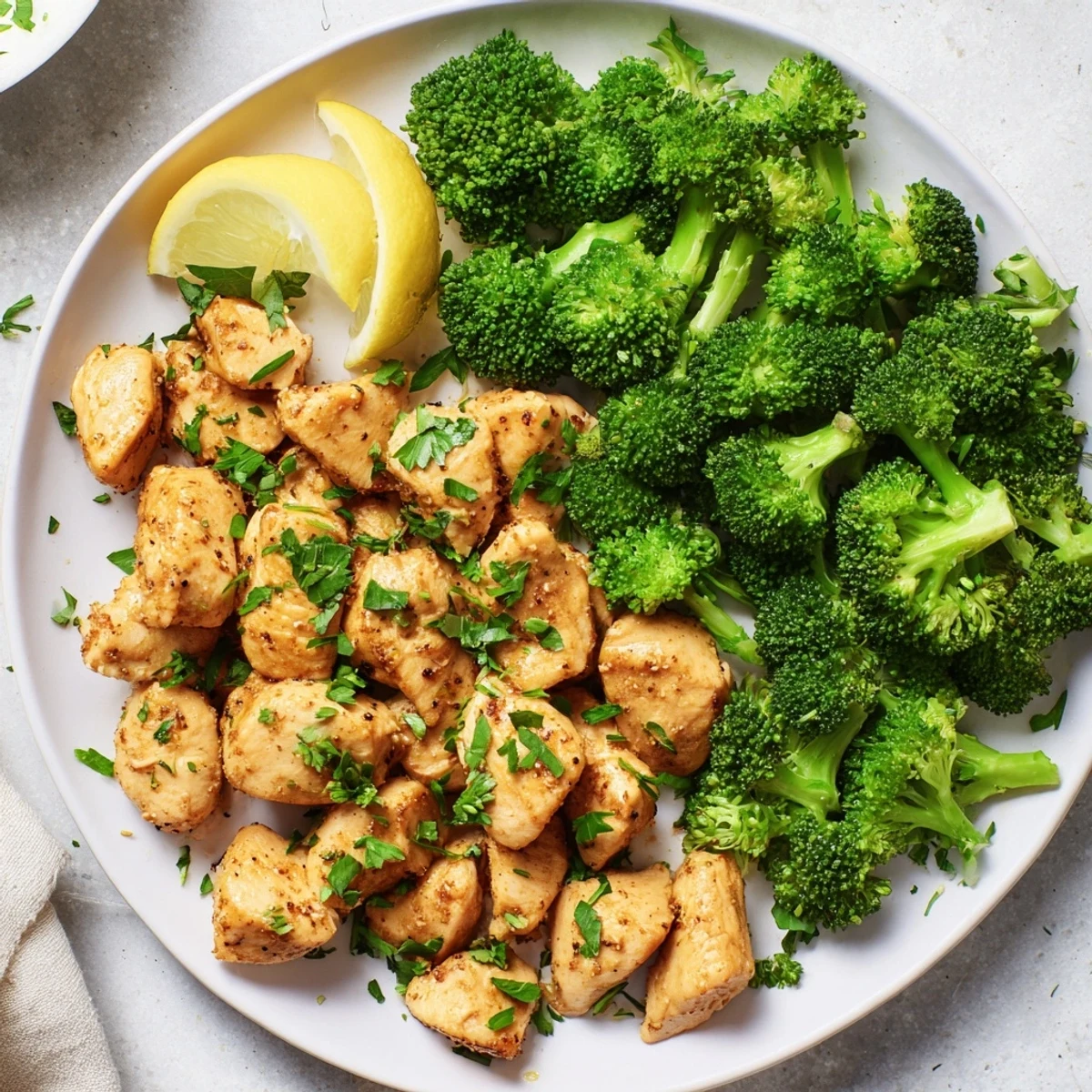 Enjoy the simple flavors of healthy Microwave-Steamed Chicken and Broccoli, ready to serve with lemon.