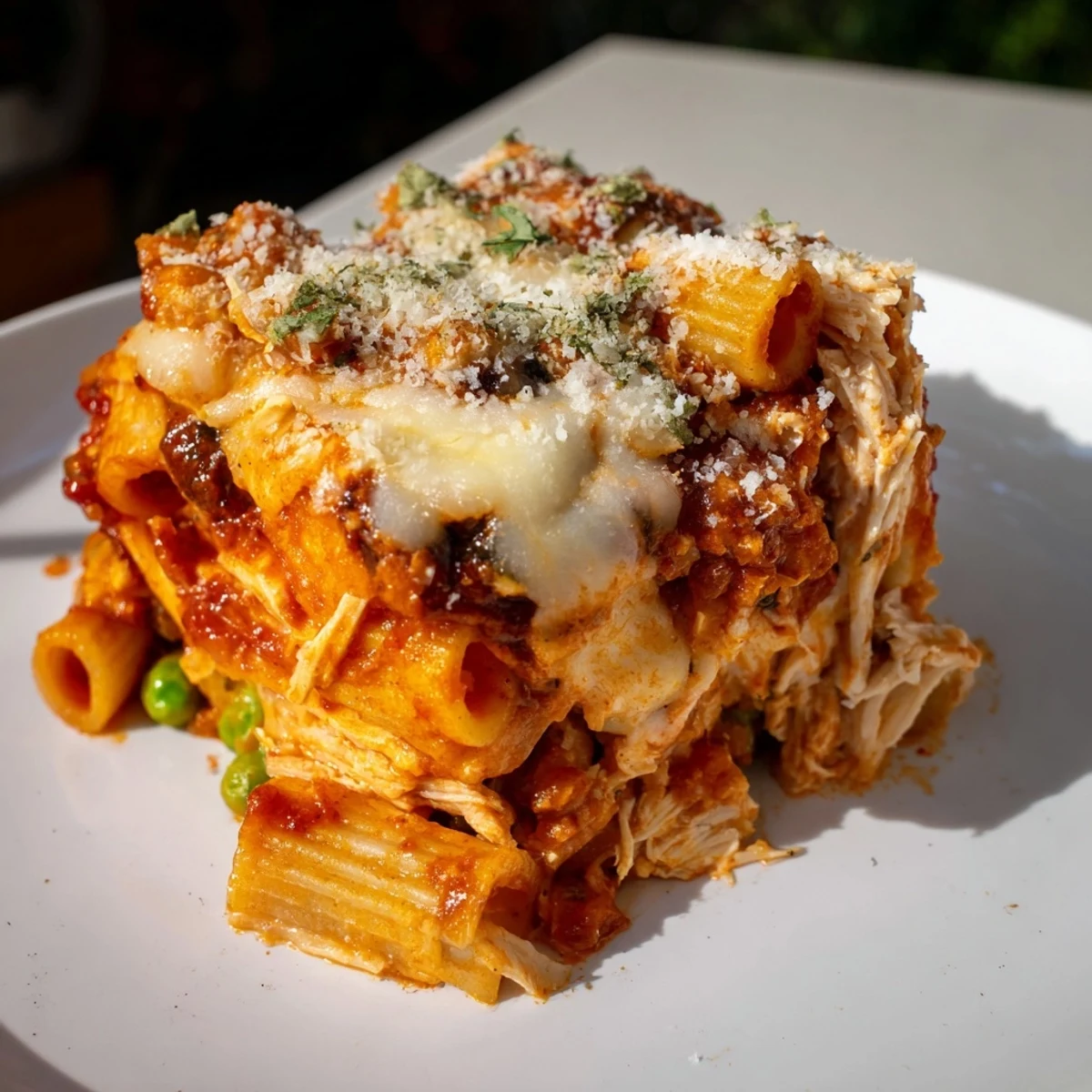 A warm casserole of Moist Maker Pasta, bubbling cheese, and tender turkey, ready to serve.