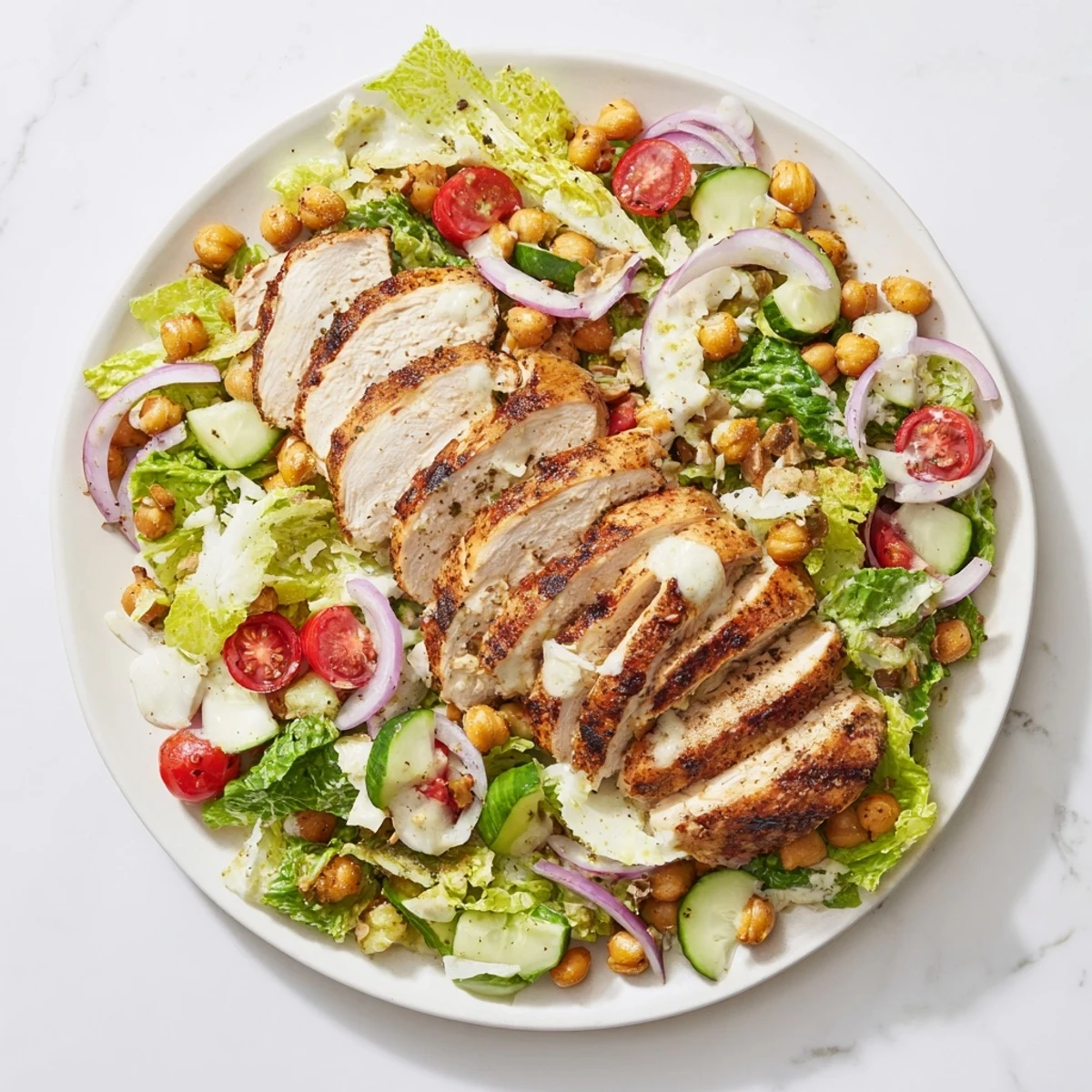 Chicken Caesar Pasta-less Bowl with grilled chicken and creamy Caesar dressing, a colorful, hearty salad.