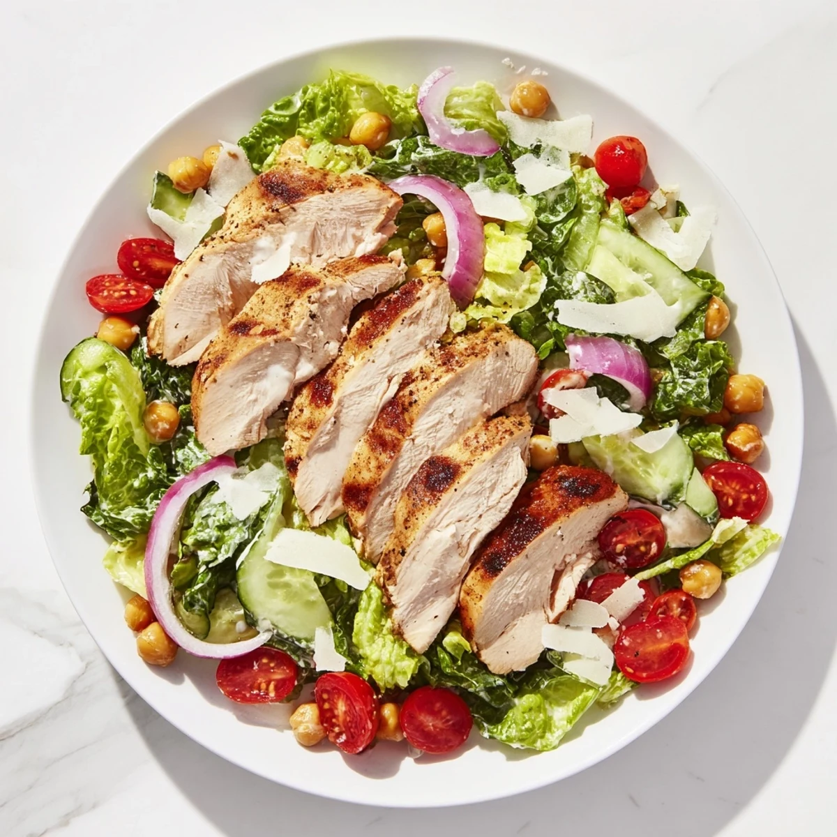 This Chicken Caesar Pasta-less Bowl features juicy grilled chicken and crunchy romaine, ready to enjoy immediately.