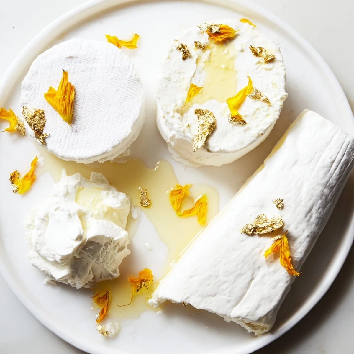 The Gilded Lily cheese platter, resplendent with gold leaf, creamy cheeses, and yellow petals.