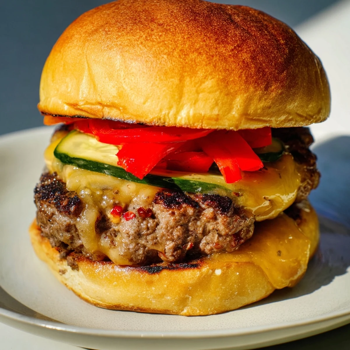 The Fire & Ice Burger, a sizzling patty topped with melted pepper-jack cheese and fresh, crunchy cucumber.