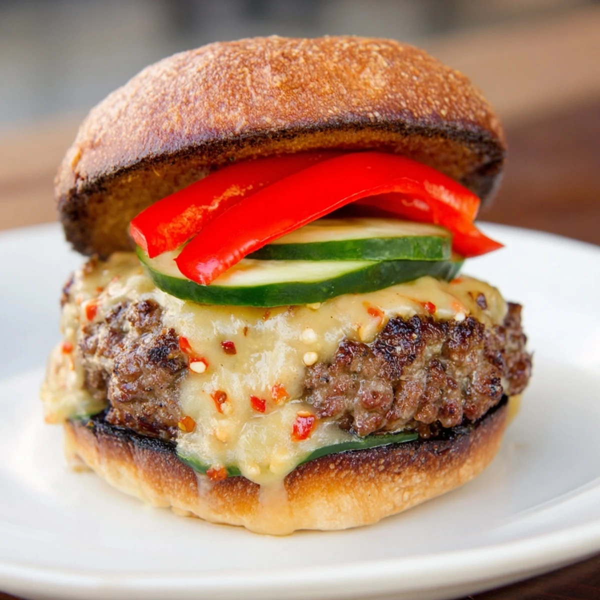 A close-up shot of the delicious Fire & Ice Burger featuring juicy beef and cooling yogurt sauce.