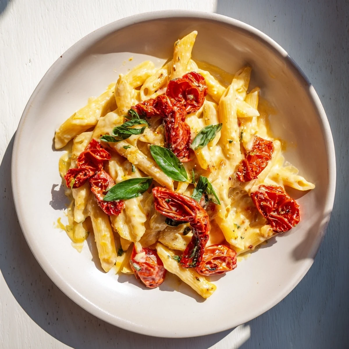 Roasted cherry tomatoes and creamy Boursin cheese pasta glistening, ready for a delicious, easy dinner.