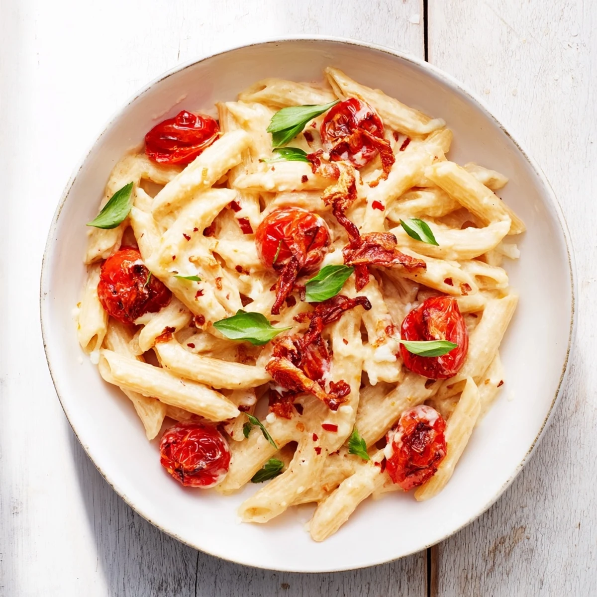 A flavorful dish of Boursin cheese pasta with vibrant red roasted tomatoes, perfect for a vegetarian meal.
