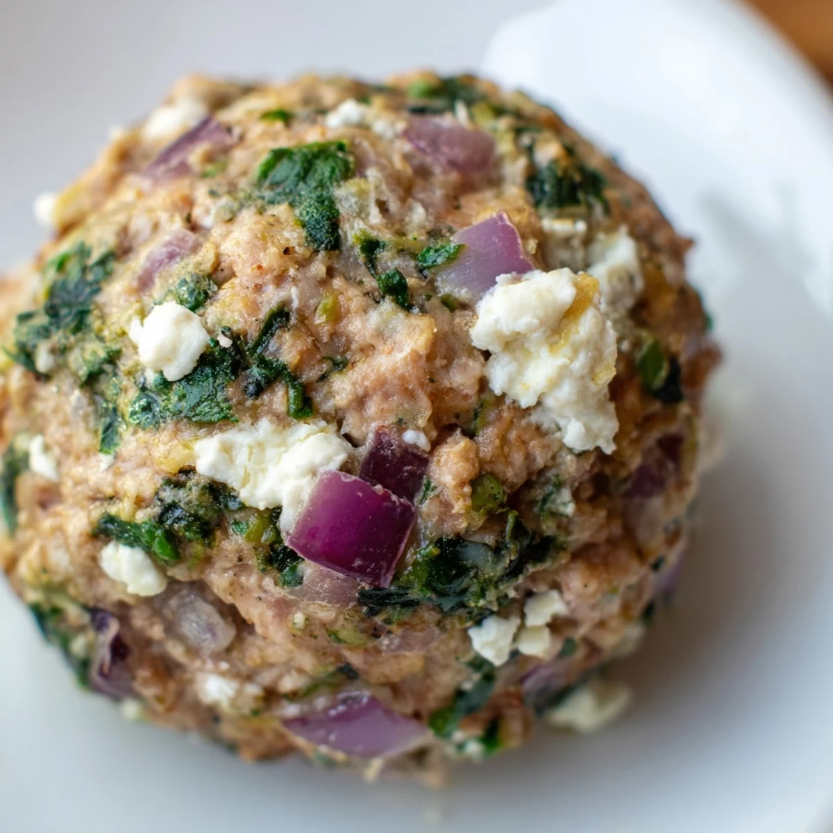 A close-up of baked Spinach Feta Turkey Meatballs, showing bits of spinach and feta nestled in the meat.