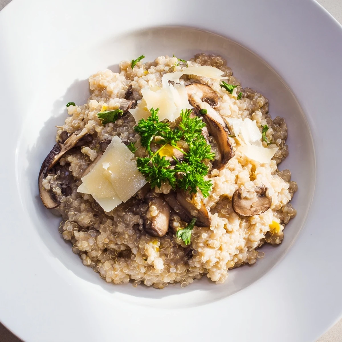 Steaming bowl of Mushroom Quinoa Risotto, creamy and rich with Parmesan and fresh parsley.
