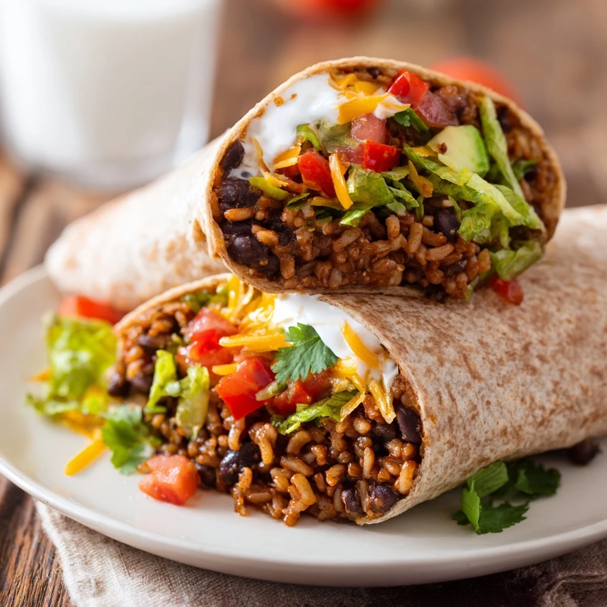 A close-up of a delicious Smoky Black Bean Burrito, with fresh toppings and a warm, inviting aroma.
