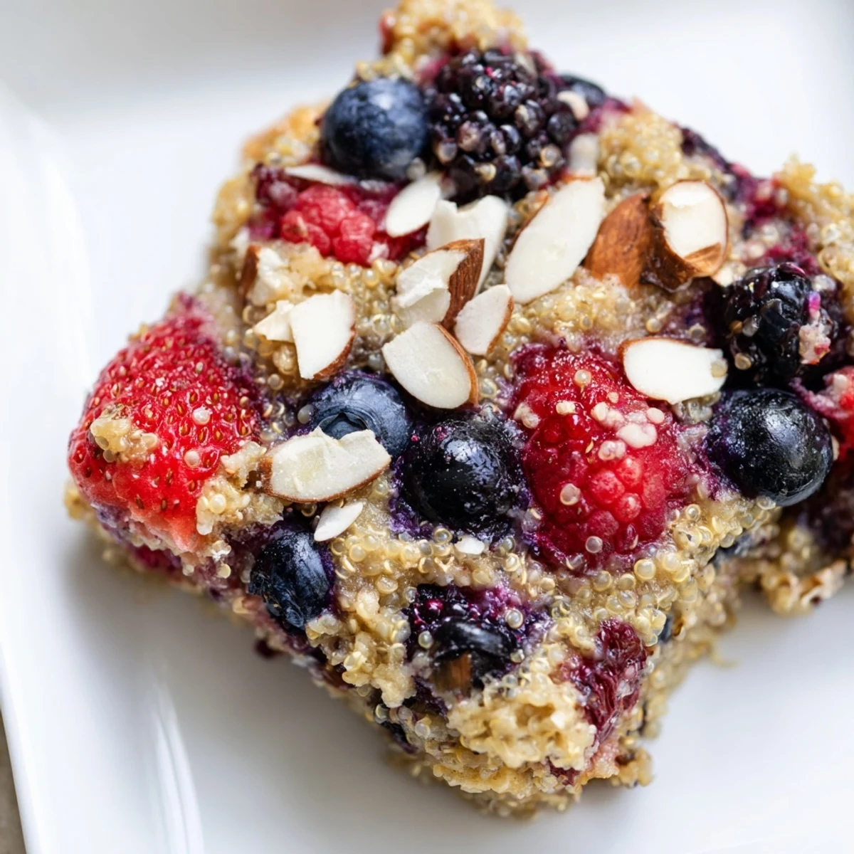 Warm, golden-brown Berry Quinoa Breakfast Bake, brimming with juicy berries and a sweet, cinnamon aroma.