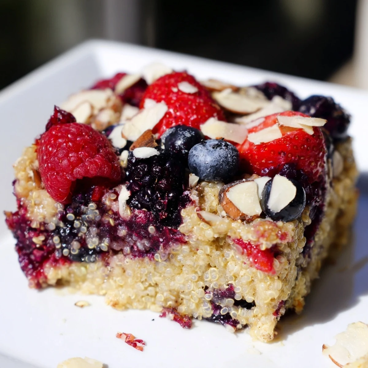 A close-up of a bubbling Berry Quinoa Breakfast Bake, showing mixed berries baked into a tender quinoa base.