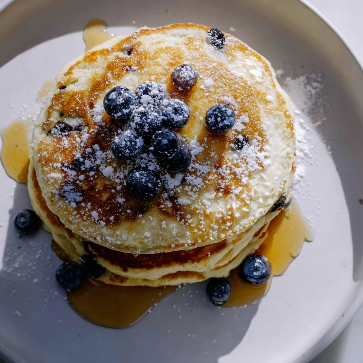 Fluffy Lemon Ricotta Pancakes golden brown, served with fresh berries and drizzled syrup.
