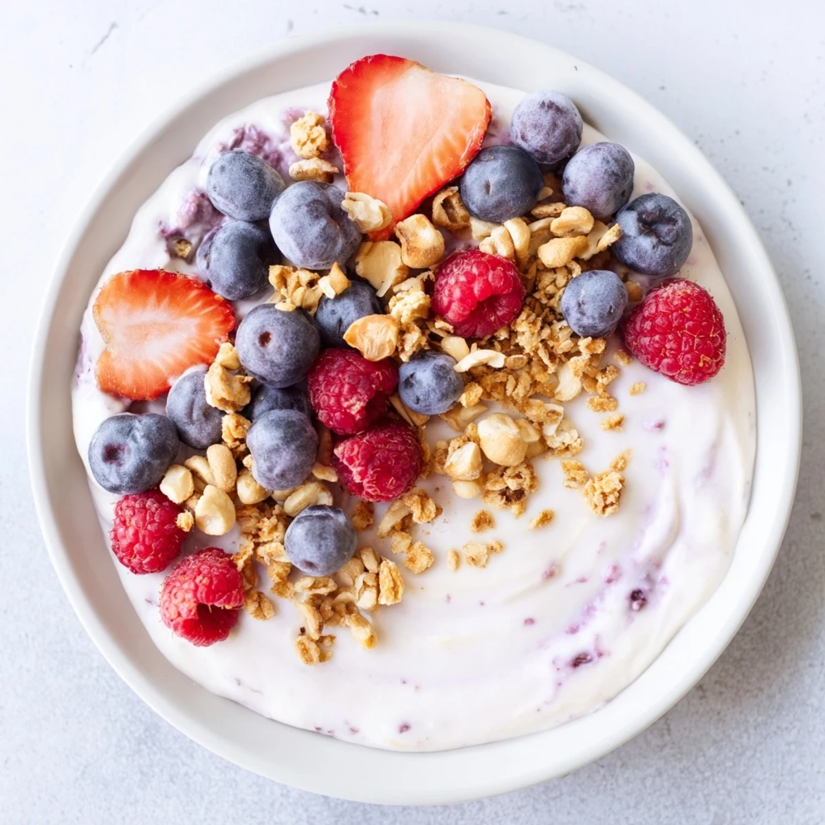 Cashew Butter Yogurt Parfait layered with berries and granola, a simple, delicious breakfast.