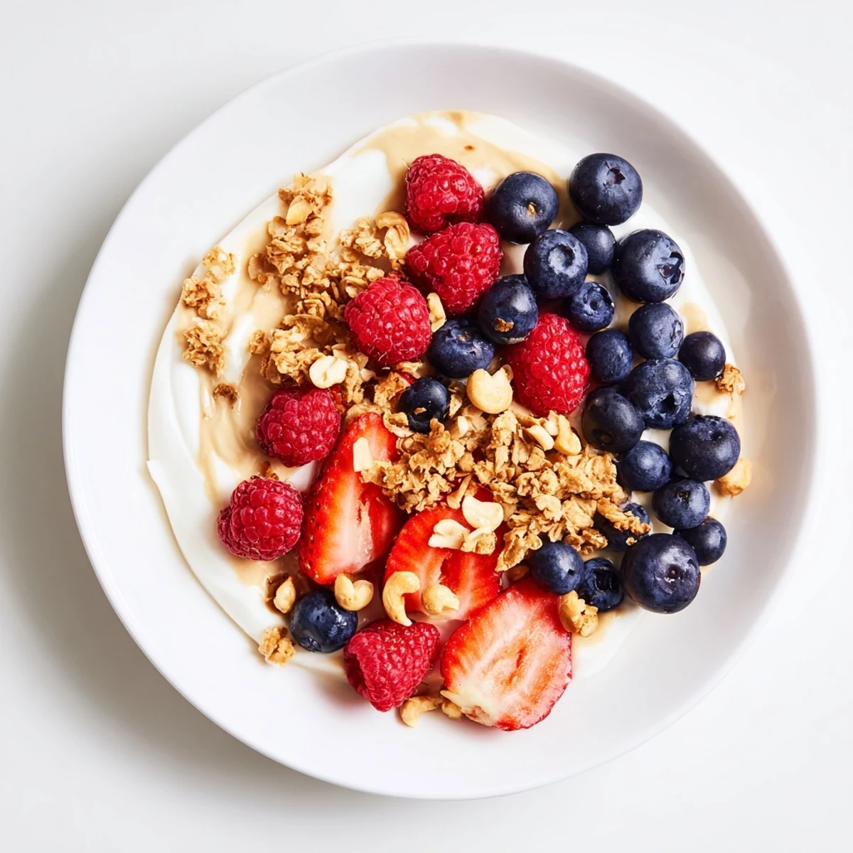 Enjoy a creamy Cashew Butter Yogurt Parfait: sweet berries, crunchy granola, and rich, smooth cashew butter.