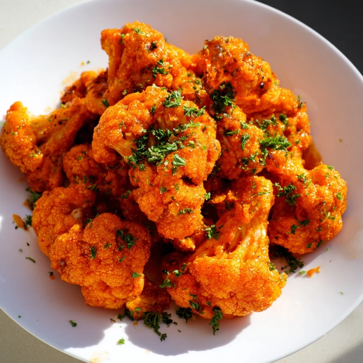 Golden, crispy Buffalo Cauliflower Bites are tossed in a vibrant, spicy buffalo sauce for a treat.