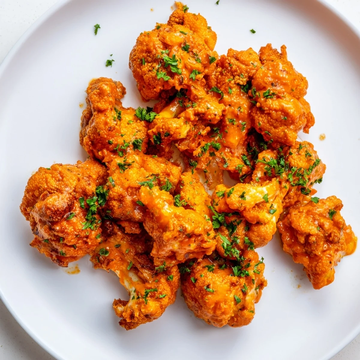 A plate of flavorful Buffalo Cauliflower Bites ready to be dipped in creamy vegan ranch.