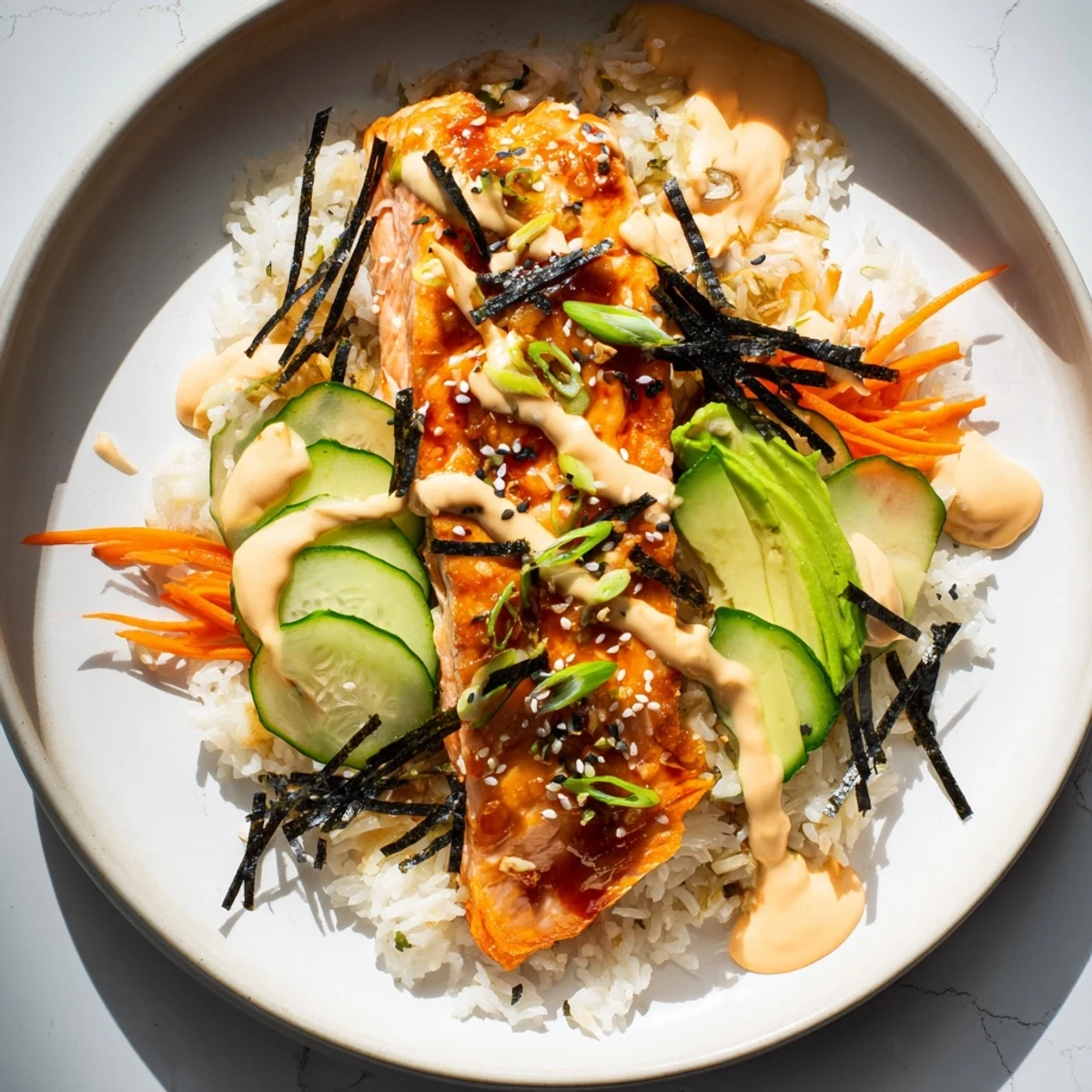 Steaming teriyaki salmon rice bowl, showcasing glazed salmon and colorful vegetable toppings for a flavorful meal.