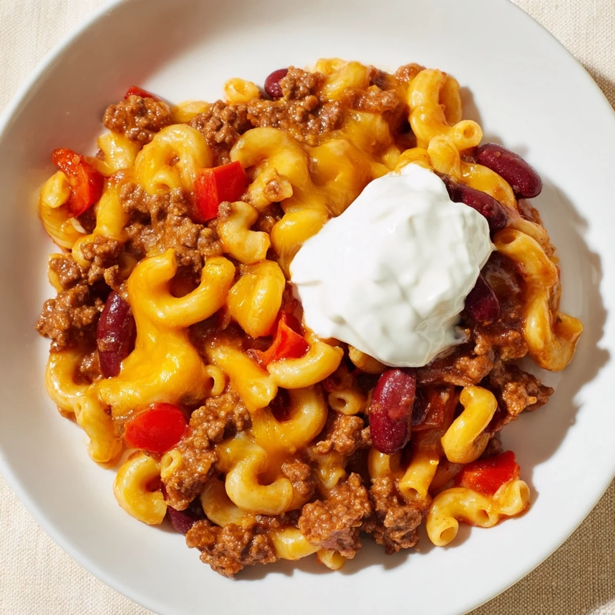 Steaming bowl of One-Pot Chili Mac topped with melted cheddar, perfect for a cozy dinner.