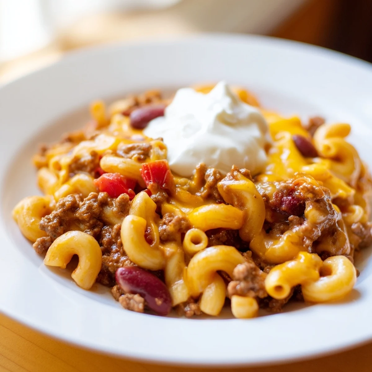Close-up of a creamy One-Pot Chili Mac with tender pasta, a comforting, one-dish meal.