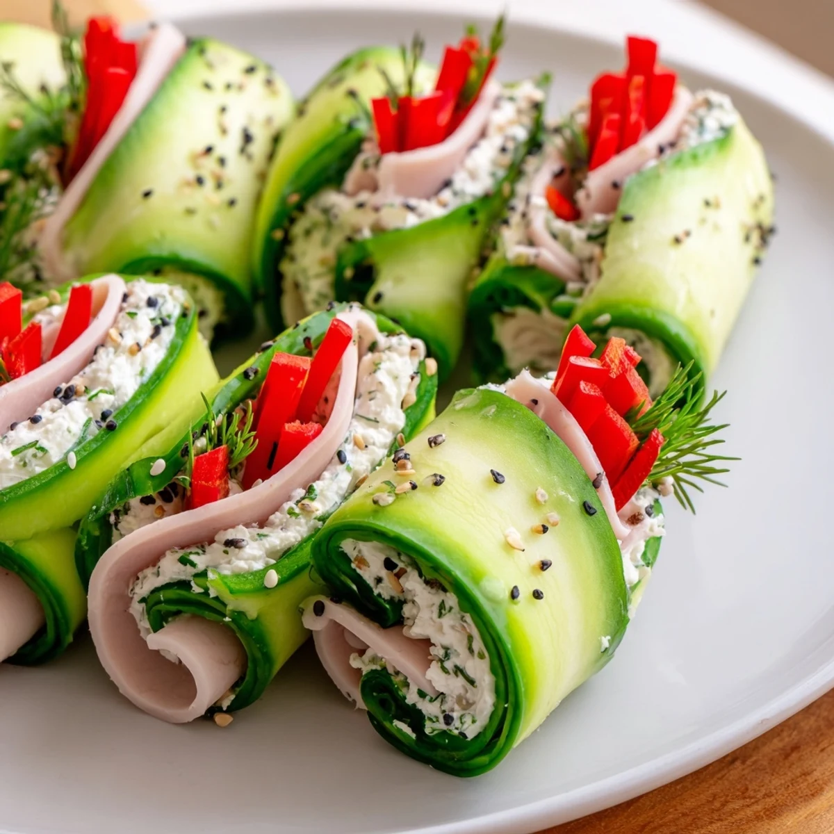 Crisp cucumber roll-ups filled with savory deli meat and creamy cheese, ready to enjoy.