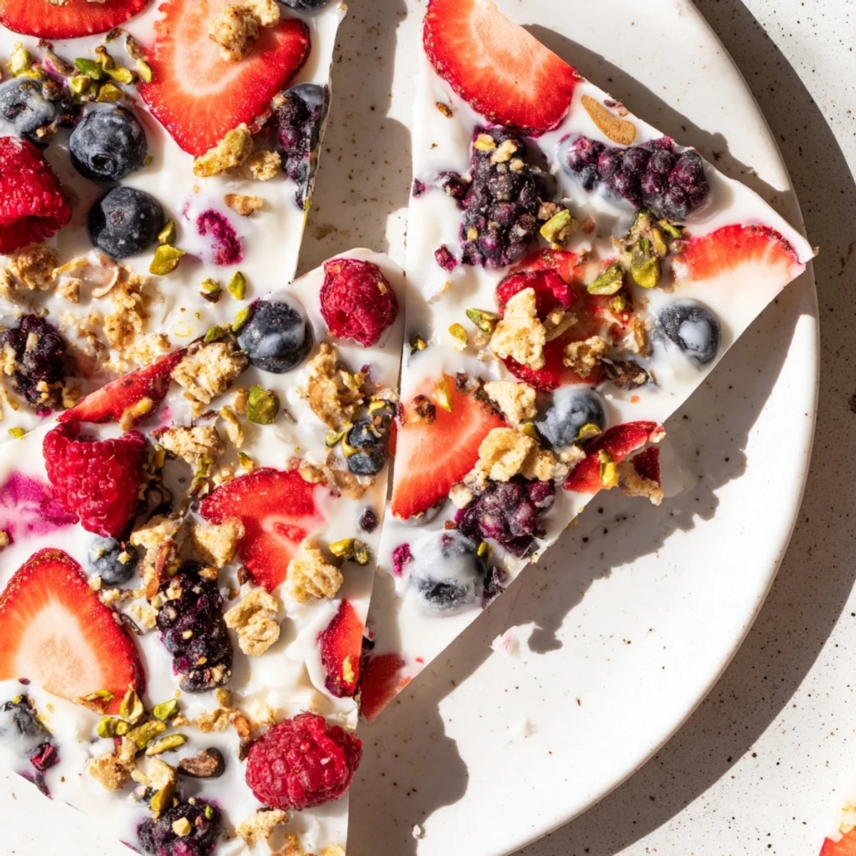 Cool, colorful Frozen Fruit Yogurt Bark with vibrant berries, a delightful frozen treat.
