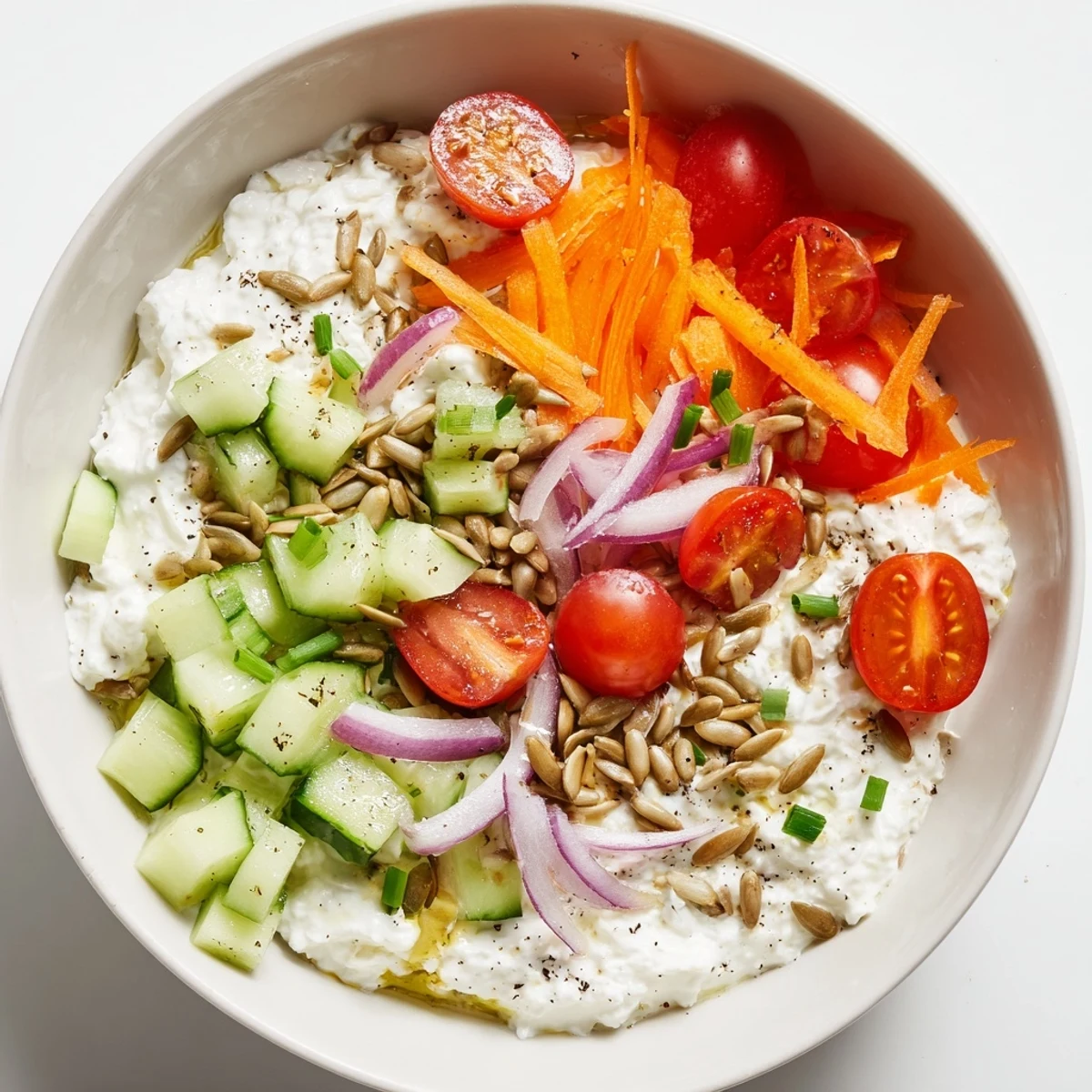 Vibrant Cottage Cheese Snack Bowl, brimming with fresh veggies and crunchy sunflower seeds.