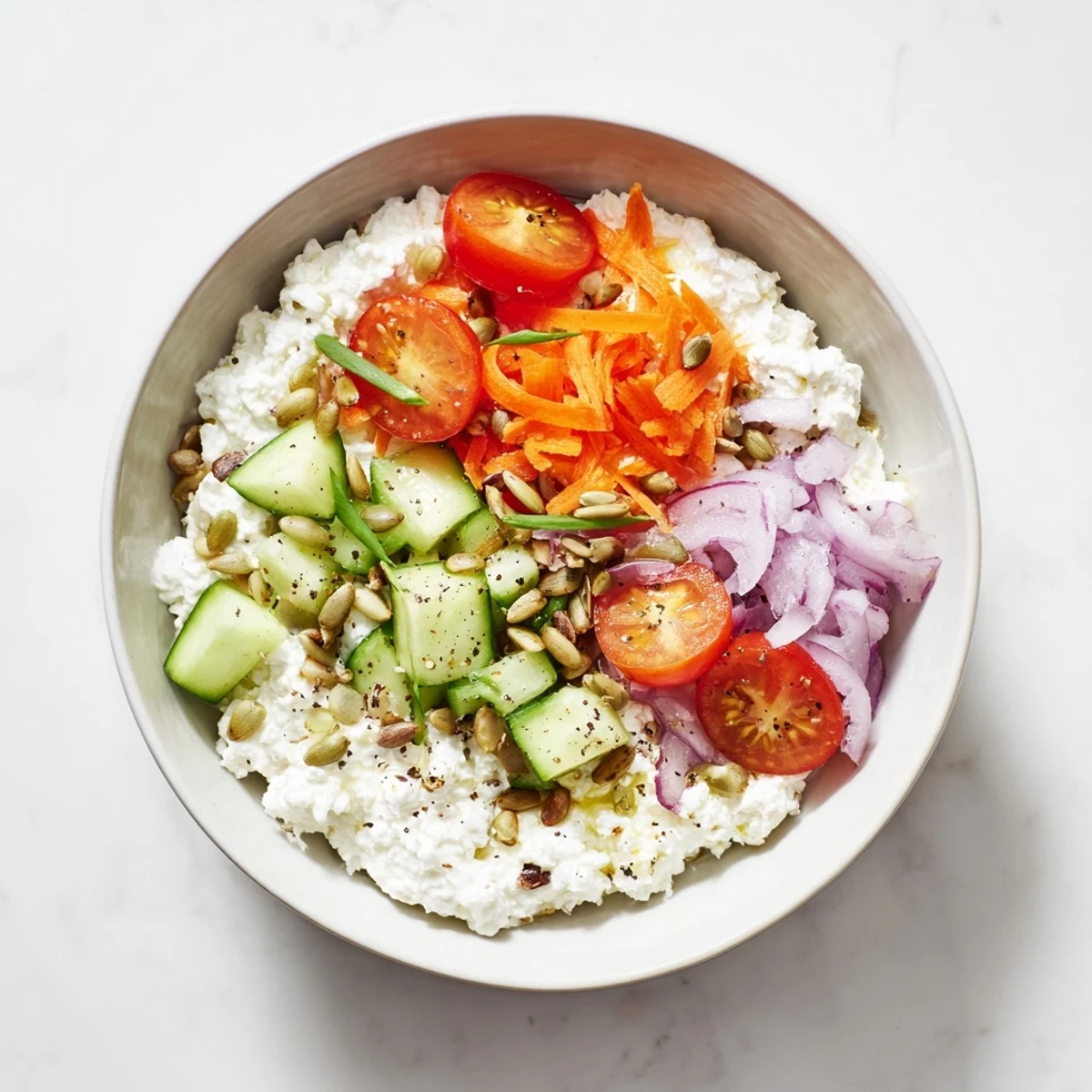 This healthy Cottage Cheese Snack Bowl is a protein-packed delight, drizzled with olive oil.