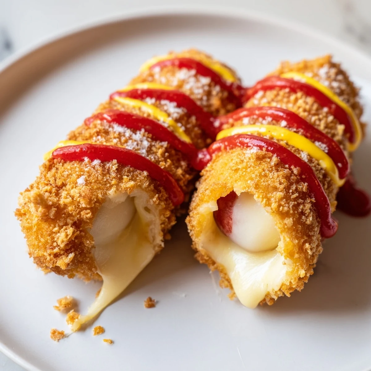 Golden-brown Cheesy Korean Corn Dogs, freshly fried and ready to enjoy with ketchup and mustard.