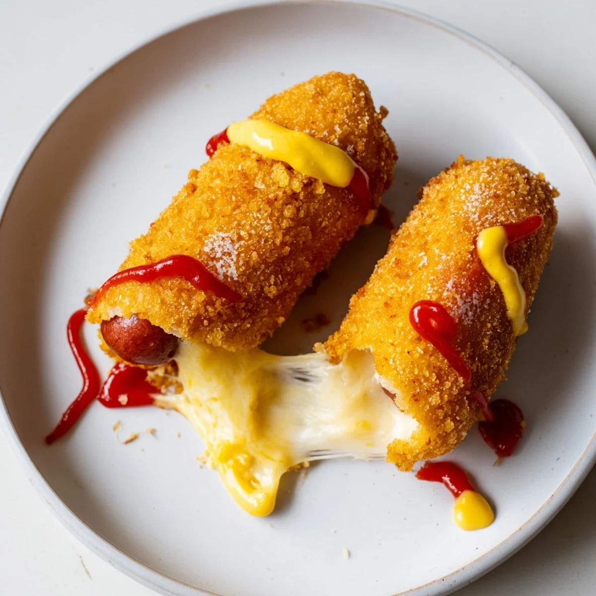 A close-up of a delightful Cheesy Korean Corn Dog showing the crispy, bubbly batter and melted cheese.