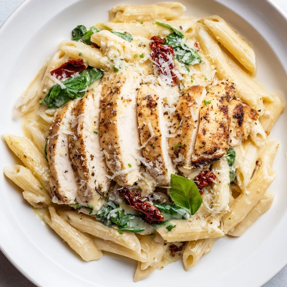 Creamy Tuscan Chicken Pasta, a dish with tender chicken and a rich garlic-Parmesan cream sauce, is ready to savor.