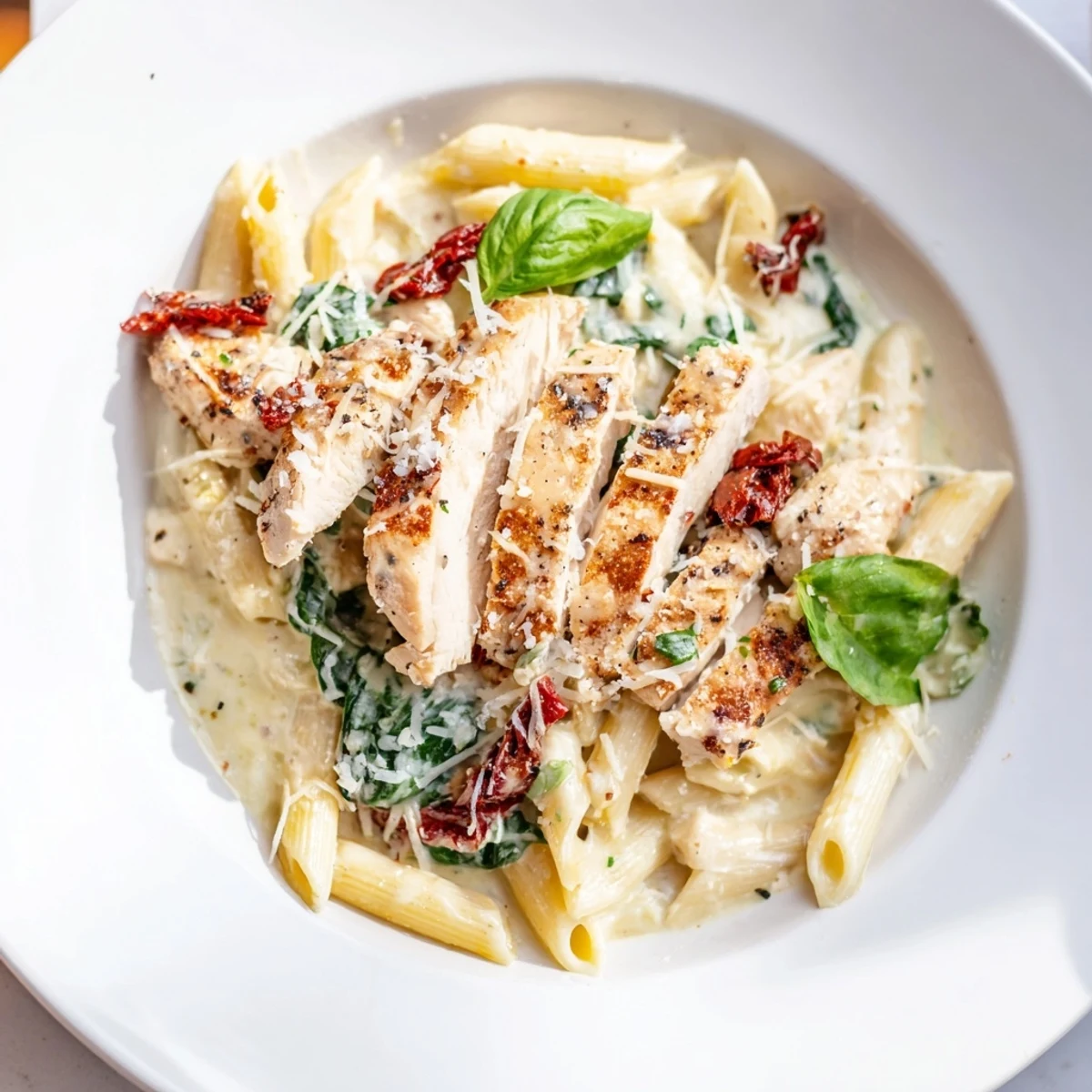 Enjoy the luscious Creamy Tuscan Chicken Pasta with sun-dried tomatoes and spinach, a comforting Italian meal.