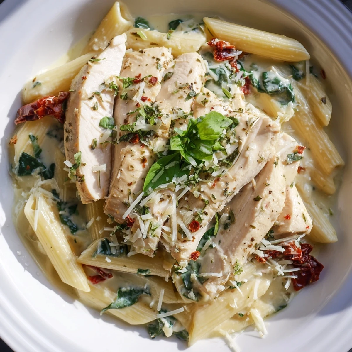 Imagine a vibrant bowl of Creamy Tuscan Chicken Pasta, a savory delight with fresh basil garnish.