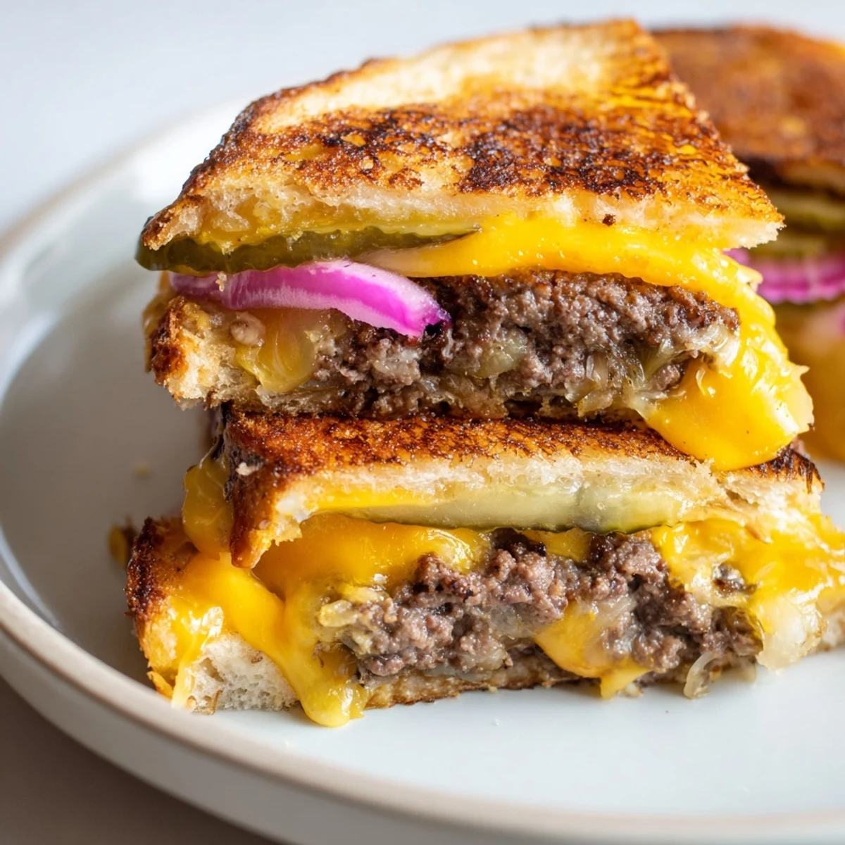 Melted cheese spills over the edges of a Smashed Burger Grilled Cheese, a perfect comfort food.