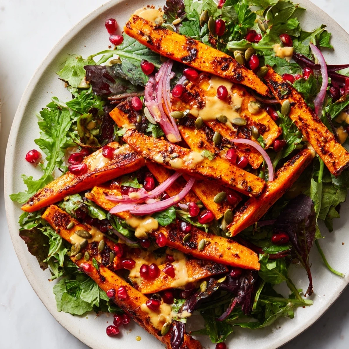 Brightly colored roasted carrots mingle with greens; this delicious salad is drizzled with creamy tahini.