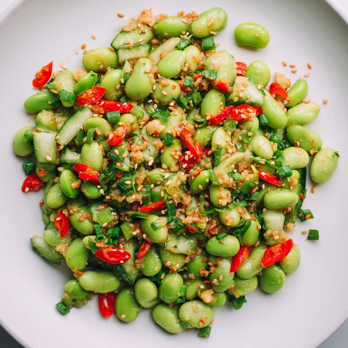 Chilled edamame salad with cucumber, sesame seeds and a fragrant ginger-infused dressing.